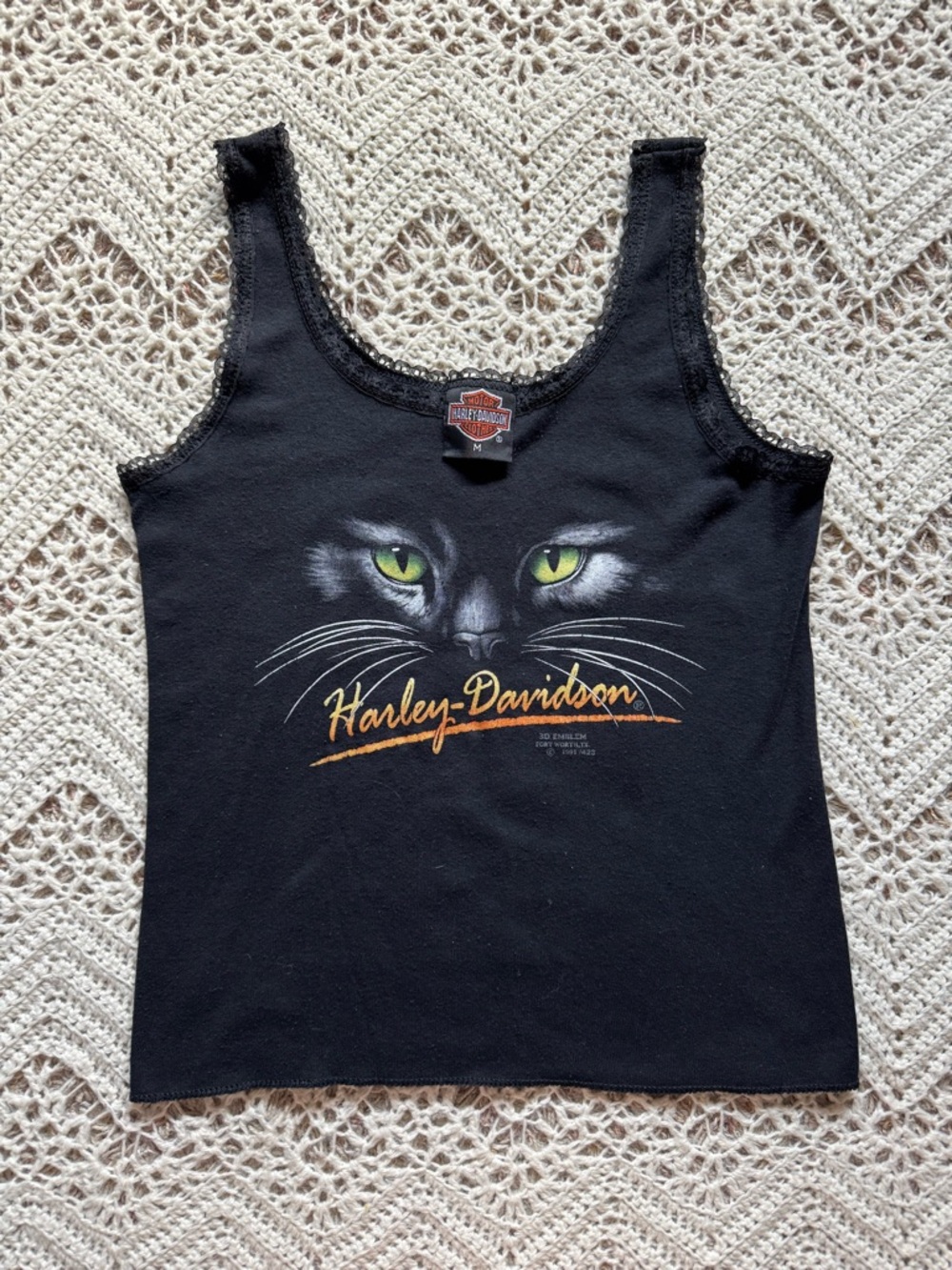 Vintage 1991 Harley Davidson "Cat Eyes" Tank Top 3D Emblem Size M Lace Trim